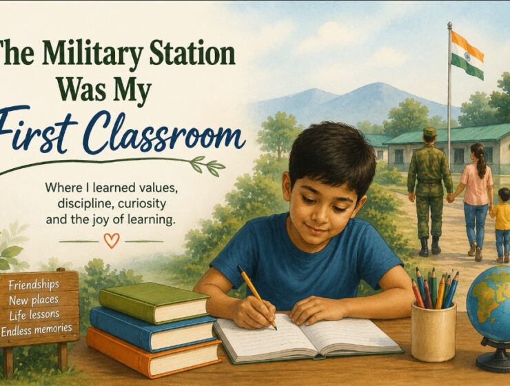 Boy studying at a desk with a military station in the background, symbolizing learning, discipline, and childhood growth.