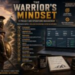Cinematic illustration of a warrior standing beside a project management dashboard and laptop, featuring the VIRSAFEED leadership framework and symbolizing discipline, strategy, resilience, and operational excellence.