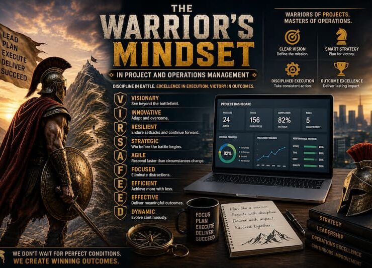 Cinematic illustration of a warrior standing beside a project management dashboard and laptop, featuring the VIRSAFEED leadership framework and symbolizing discipline, strategy, resilience, and operational excellence.