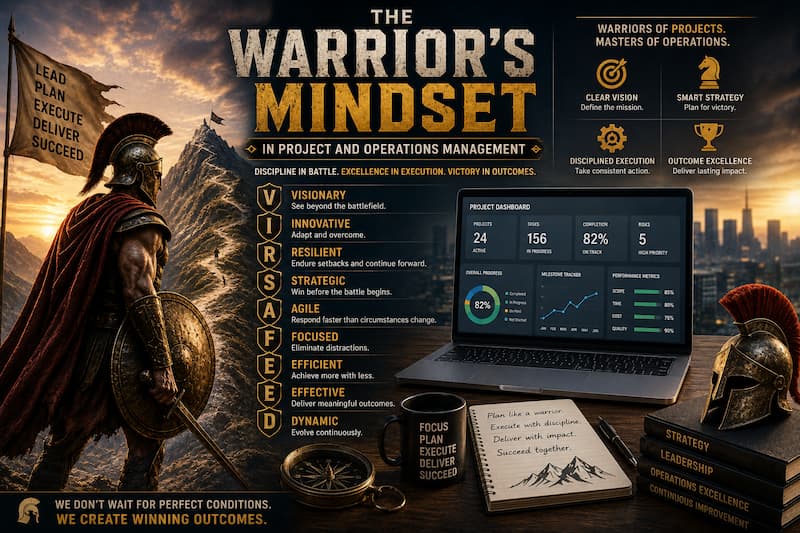 Cinematic illustration of a warrior standing beside a project management dashboard and laptop, featuring the VIRSAFEED leadership framework and symbolizing discipline, strategy, resilience, and operational excellence.