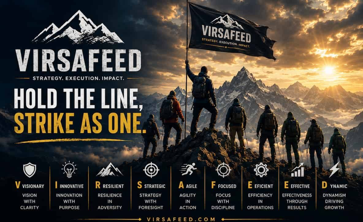 VIRSAFEED “Hold the Line, Strikes as One” cinematic mountain poster showing a united team of climbers standing together beneath a VIRSAFEED flag, symbolizing strategy, resilience, execution, and collective action.