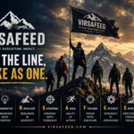 VIRSAFEED “Hold the Line, Strikes as One” cinematic mountain poster showing a united team of climbers standing together beneath a VIRSAFEED flag, symbolizing strategy, resilience, execution, and collective action.