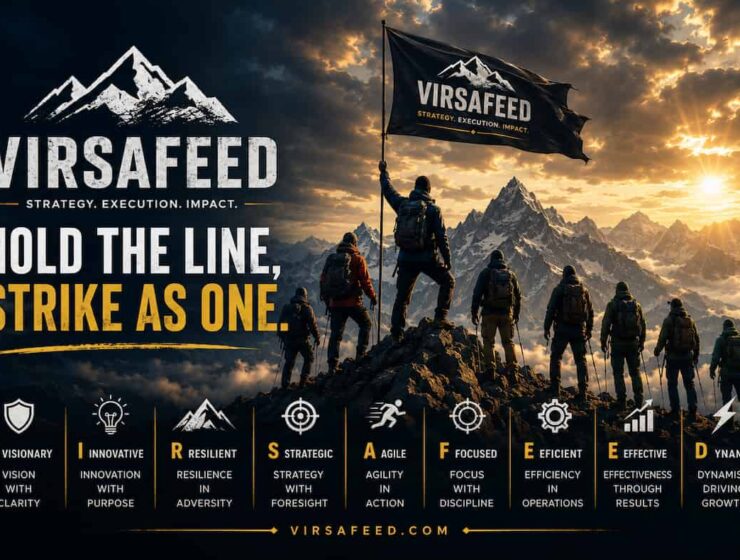 VIRSAFEED “Hold the Line, Strikes as One” cinematic mountain poster showing a united team of climbers standing together beneath a VIRSAFEED flag, symbolizing strategy, resilience, execution, and collective action.